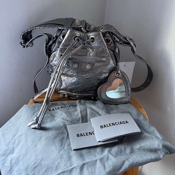 Balenciaga Handbags - BNWT Balenciaga Agneau Le Cagole XS Bucket Bag Rhinestones Metallic Silver